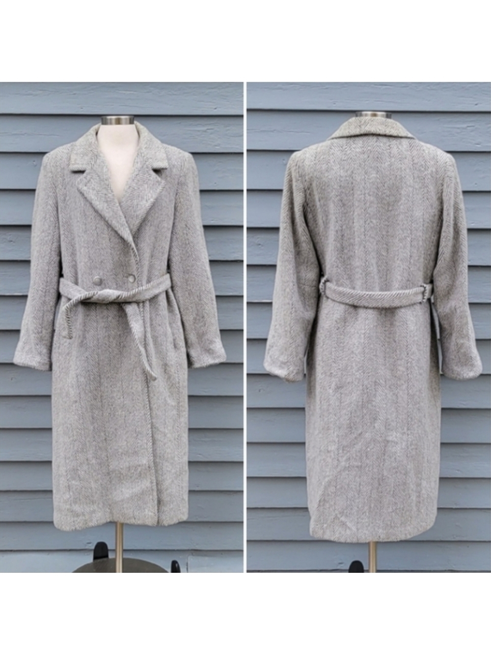 Vintage‎ 80s Forcaster Black Silver Wool Blend Preppy Old Money Trench Coat Lg